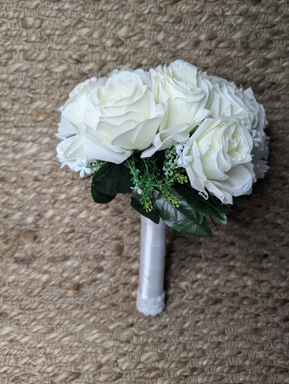 Artificial White Rose Wedding Bouquet with Satin Ribbon Handle & Pearl Trim